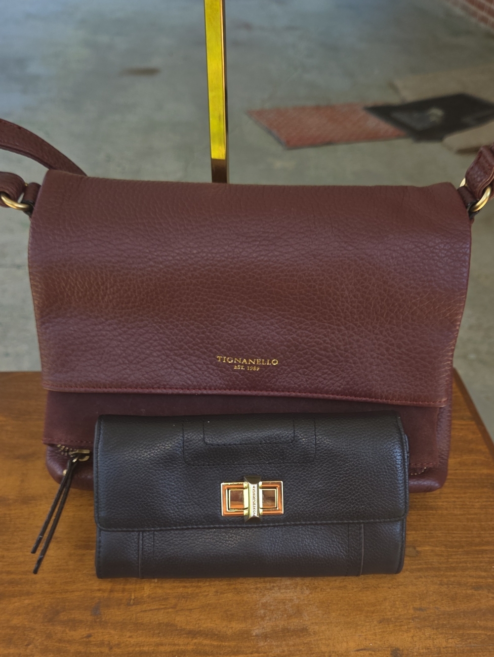NWOT Tignanello Burgundy Leather Shoulder Bag w/ GUC Black Wallet $400 Retail